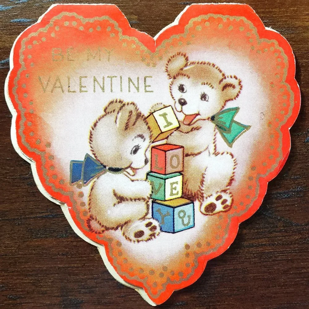 1940's Die Cut HEART SHAPE TWO BEARS 